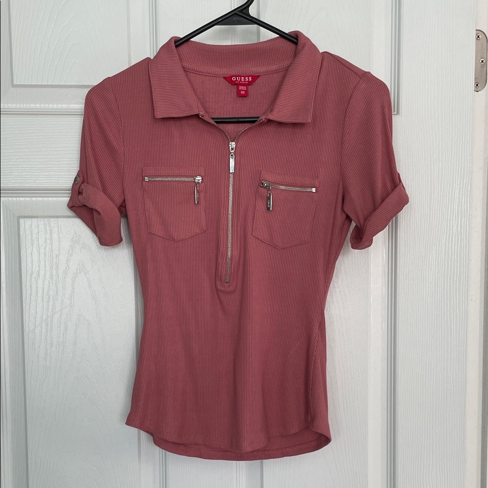 GUESS XS Pink Zip-Up Top Fitted Y2K Collared Short Sleeve